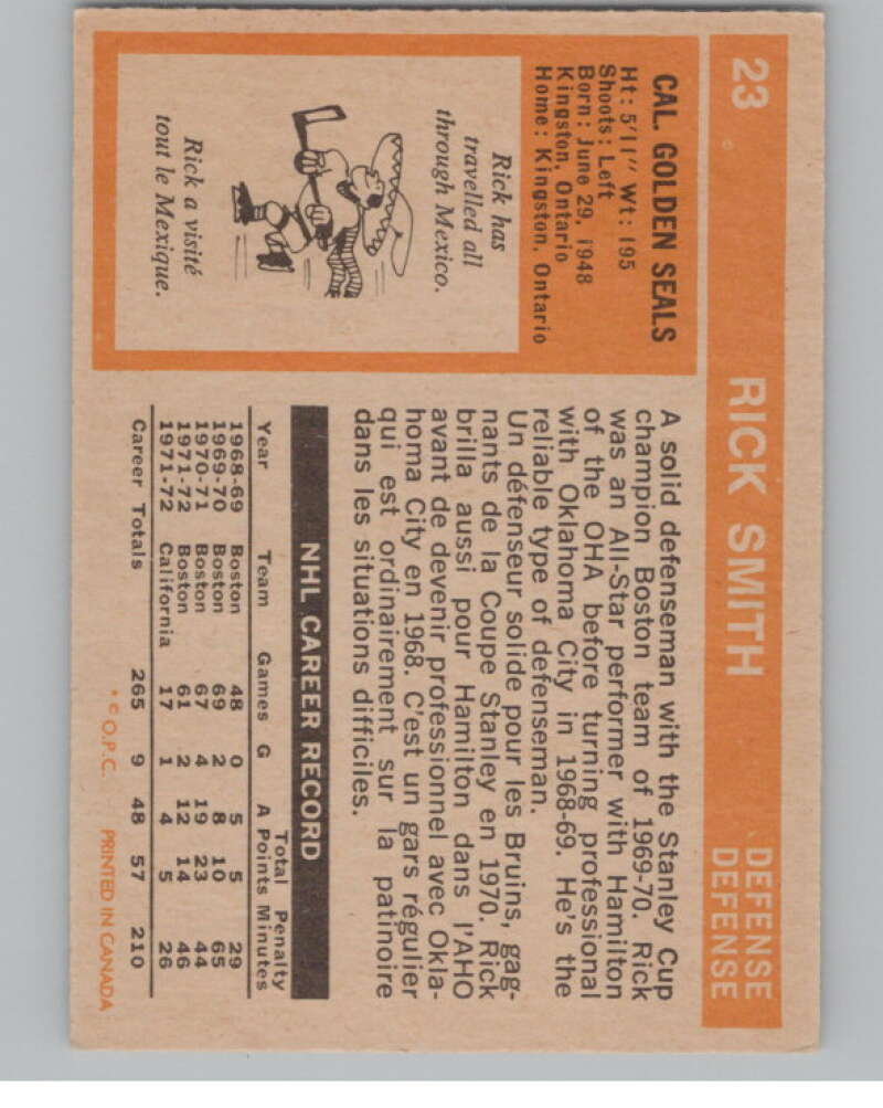 1972-73 O-Pee-Chee #23 Rick Smith UER  California Golden Seals  V99333 Image 2