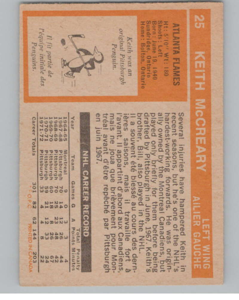 1972-73 O-Pee-Chee #25 Keith McCreary  Atlanta Flames  V99336 Image 2