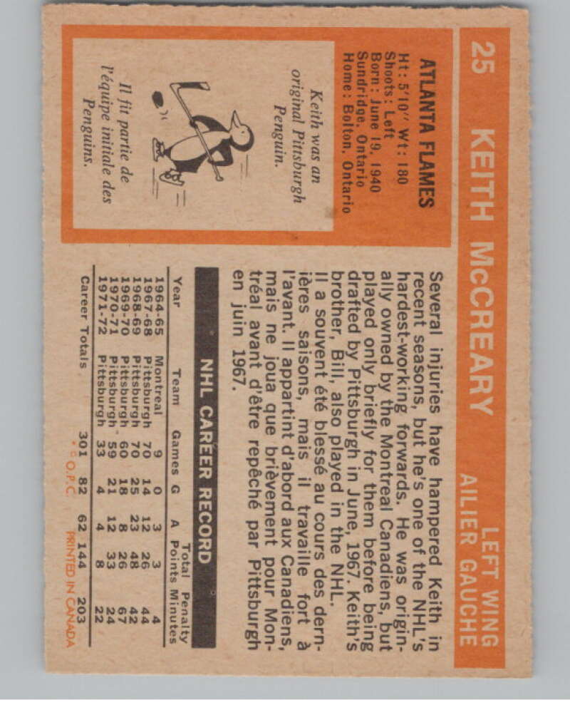 1972-73 O-Pee-Chee #25 Keith McCreary  Atlanta Flames  V99337 Image 2