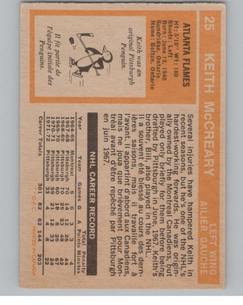 1972-73 O-Pee-Chee #25 Keith McCreary  Atlanta Flames  V99339 Image 2