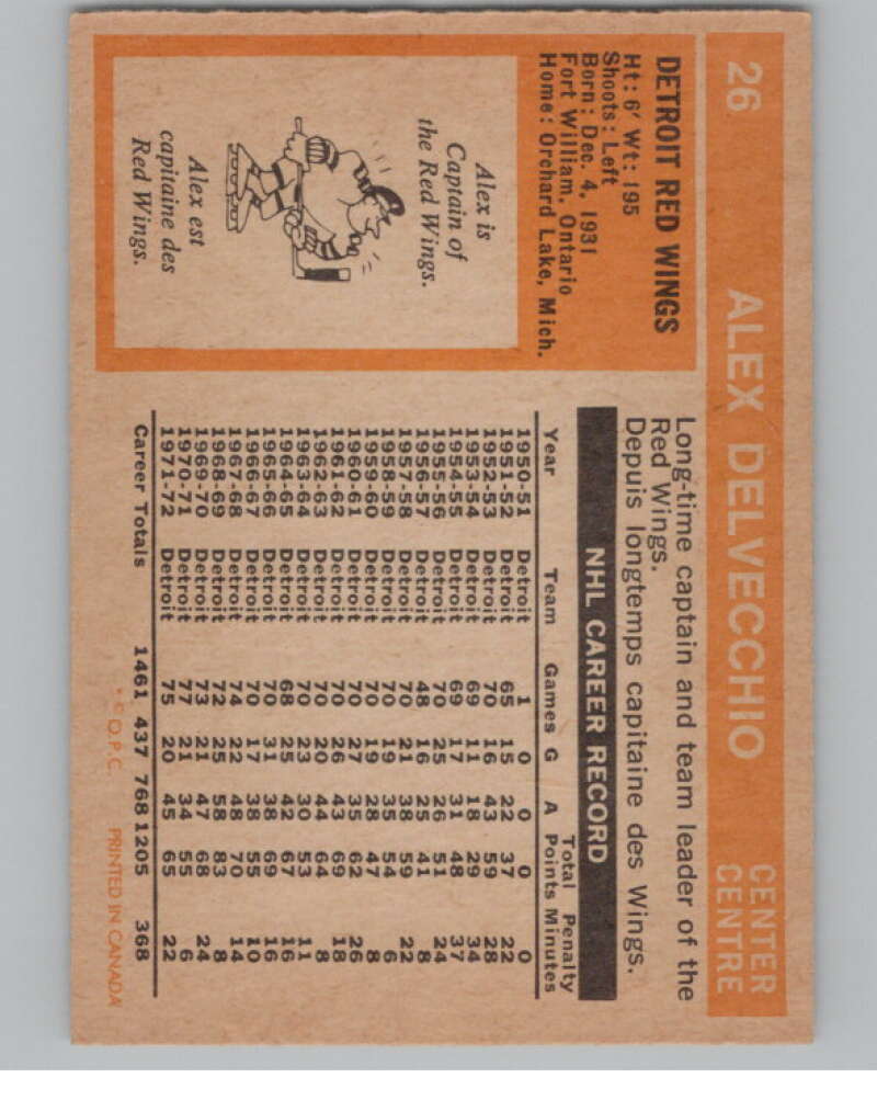 1972-73 O-Pee-Chee #26 Alex Delvecchio  Detroit Red Wings  V99340 Image 2