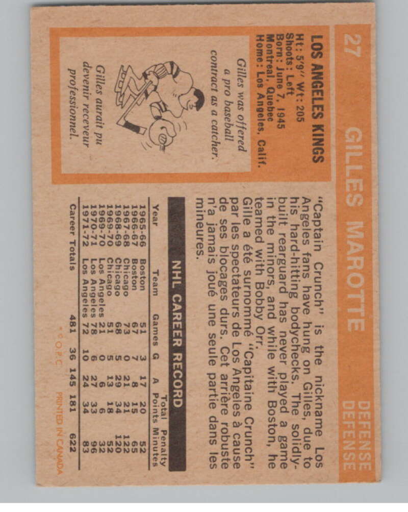 1972-73 O-Pee-Chee #27 Gilles Marotte  Los Angeles Kings  V99341 Image 2