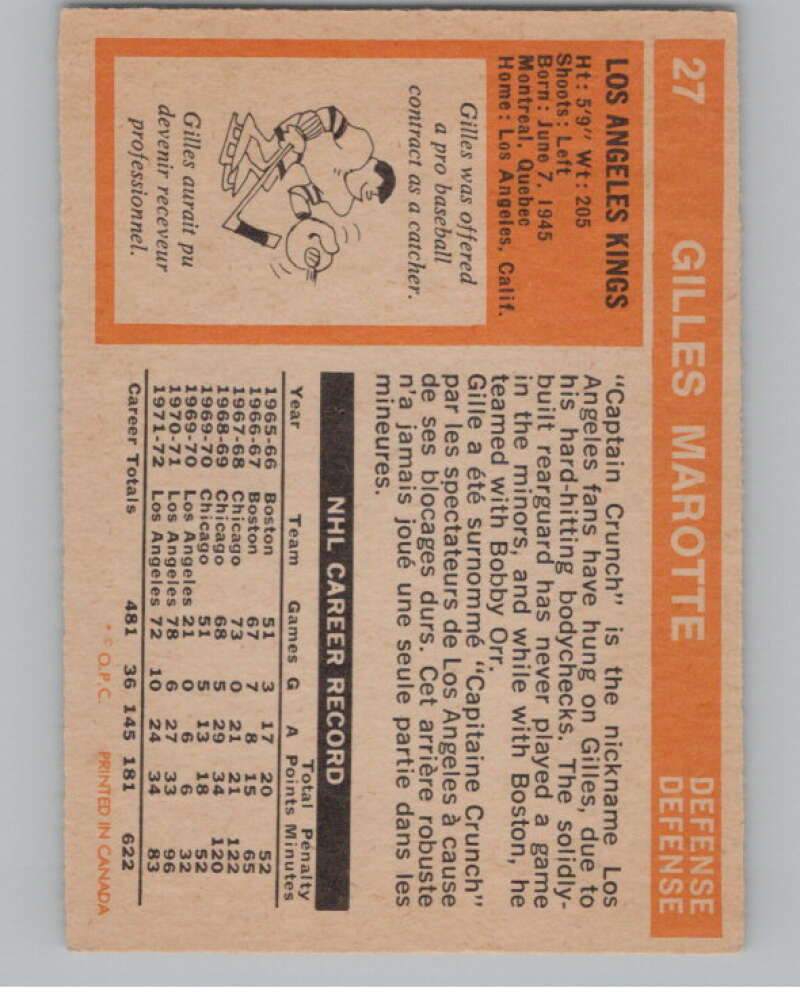 1972-73 O-Pee-Chee #27 Gilles Marotte  Los Angeles Kings  V99343 Image 2