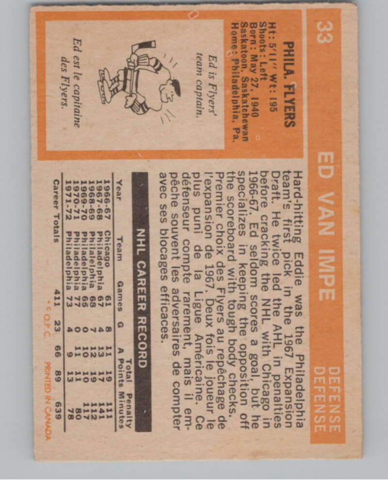 1972-73 O-Pee-Chee #33 Ed Van Impe  Philadelphia Flyers  V99347 Image 2
