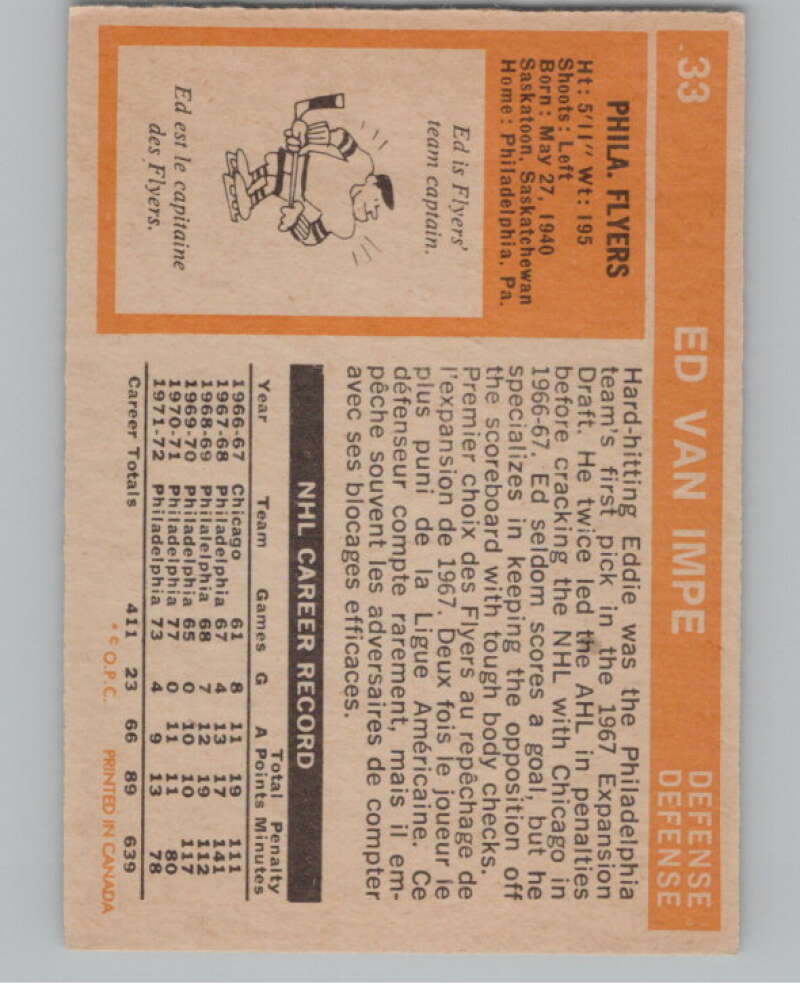 1972-73 O-Pee-Chee #33 Ed Van Impe  Philadelphia Flyers  V99348 Image 2