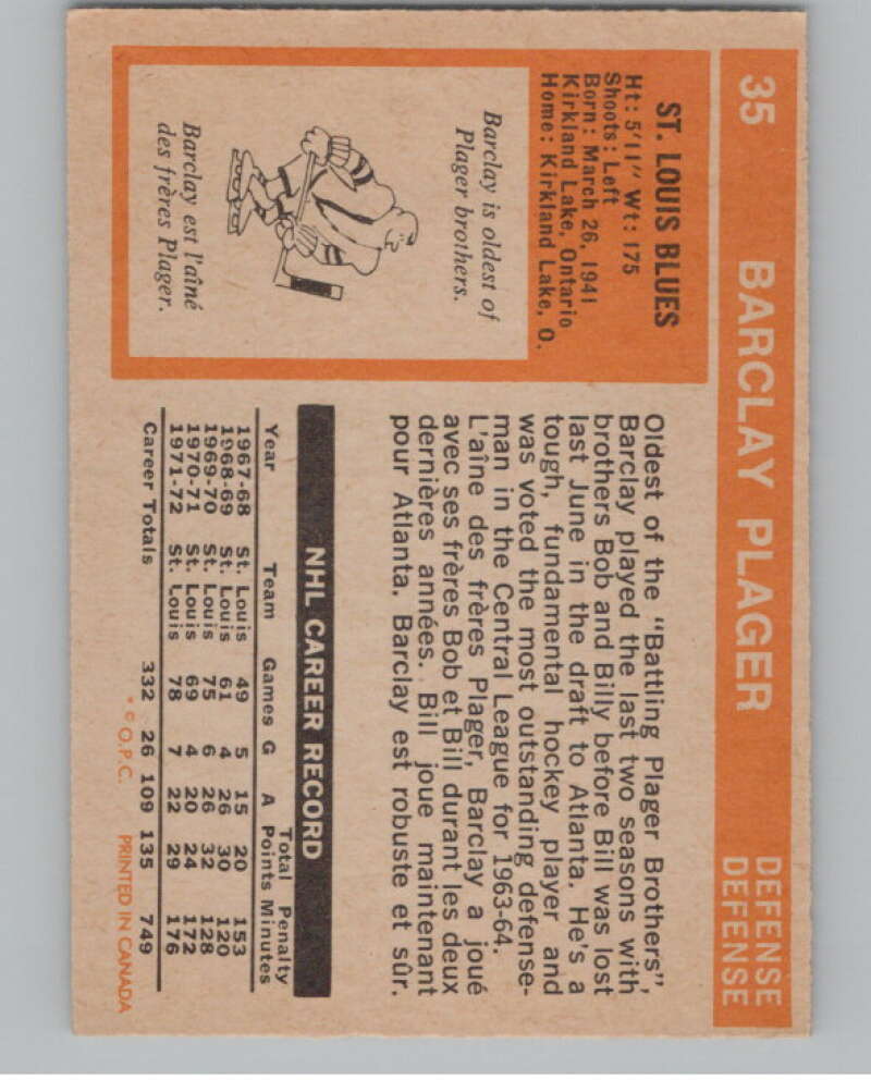 1972-73 O-Pee-Chee #35 Barclay Plager  St. Louis Blues  V99352 Image 2