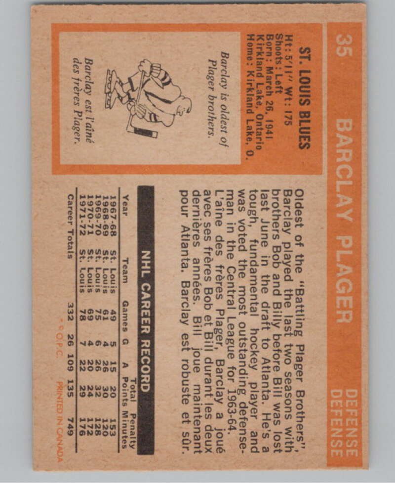 1972-73 O-Pee-Chee #35 Barclay Plager  St. Louis Blues  V99353 Image 2