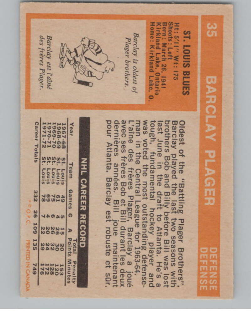 1972-73 O-Pee-Chee #35 Barclay Plager  St. Louis Blues  V99354 Image 2