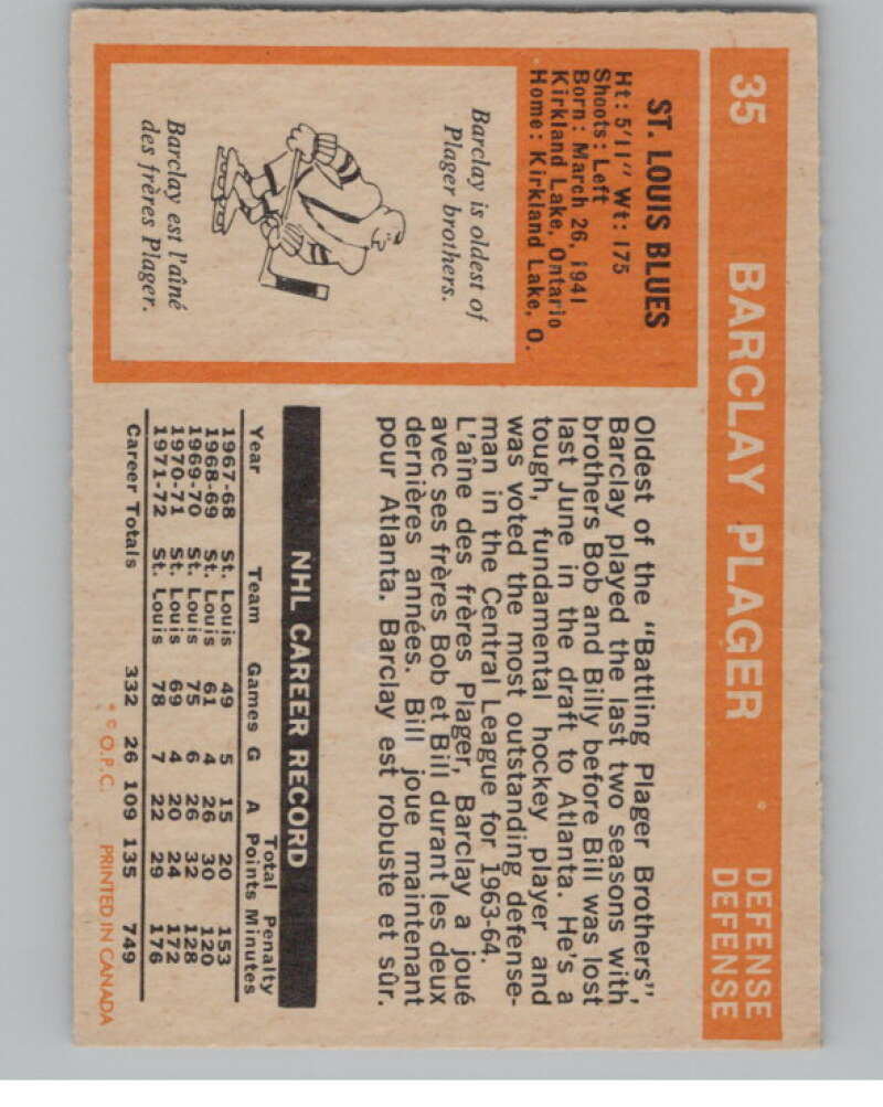 1972-73 O-Pee-Chee #35 Barclay Plager  St. Louis Blues  V99355 Image 2