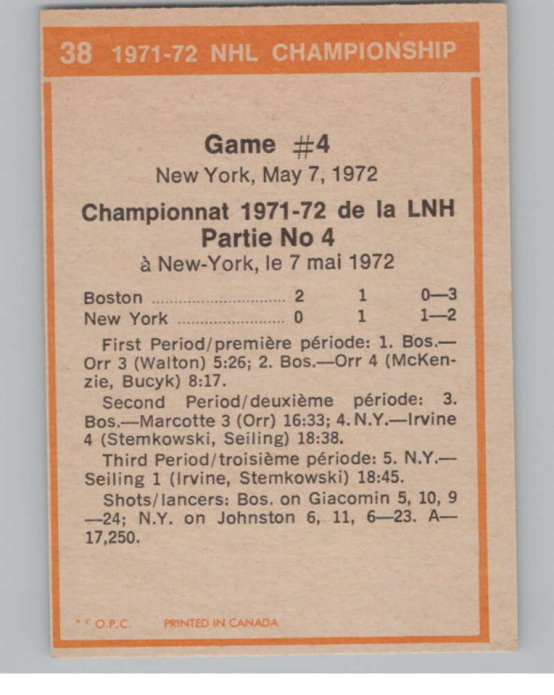 1972-73 O-Pee-Chee #38 Playoff Game 4  Boston Bruins/New York Rangers  V99358 Image 2