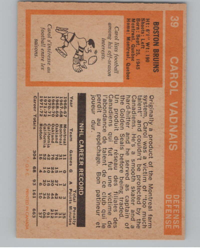 1972-73 O-Pee-Chee #39 Carol Vadnais  Boston Bruins  V99359 Image 2