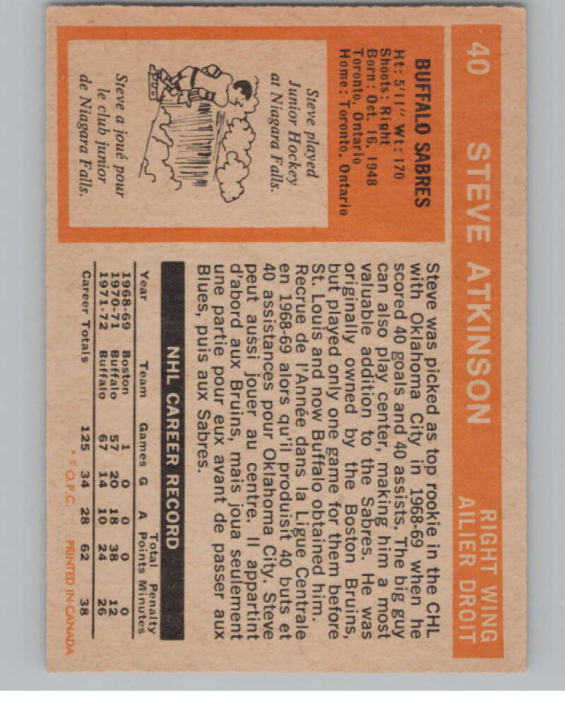 1972-73 O-Pee-Chee #40 Steve Atkinson  Buffalo Sabres  V99361 Image 2