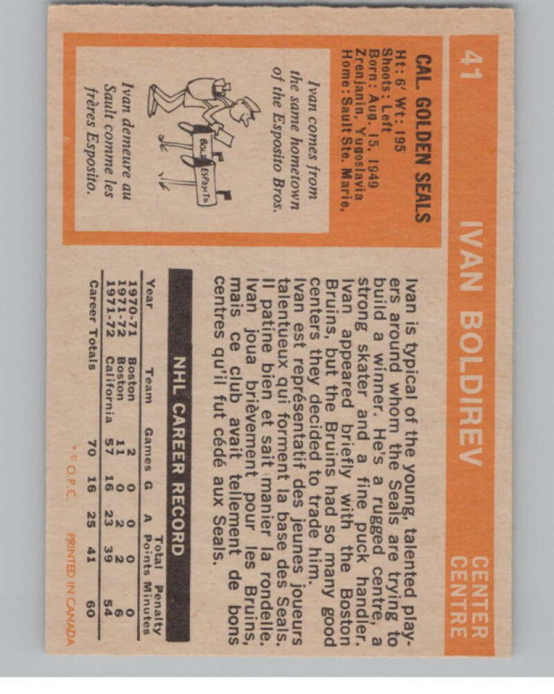 1972-73 O-Pee-Chee #41 Ivan Boldirev  RC Rookie California Golden Seals  V99362 Image 2