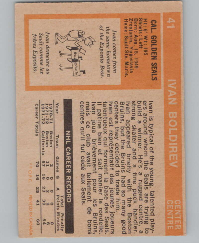 1972-73 O-Pee-Chee #41 Ivan Boldirev  RC Rookie California Golden Seals  V99363 Image 2