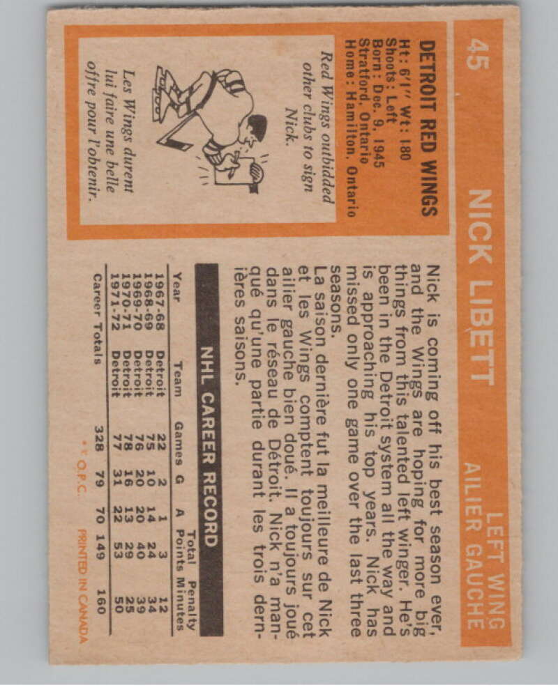 1972-73 O-Pee-Chee #45 Nick Libett  Detroit Red Wings  V99367 Image 2