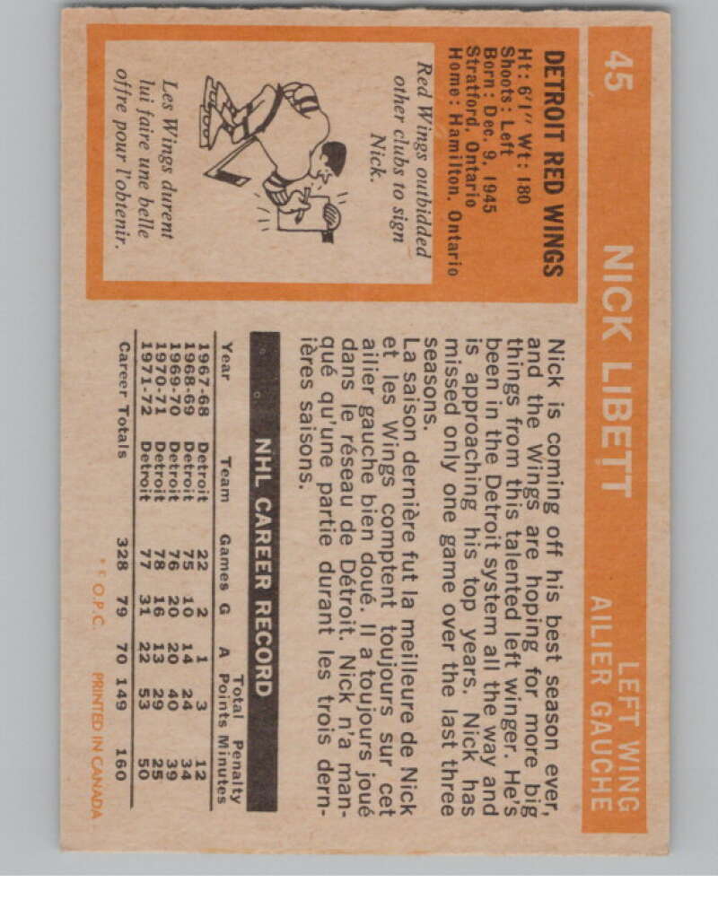 1972-73 O-Pee-Chee #45 Nick Libett  Detroit Red Wings  V99368 Image 2