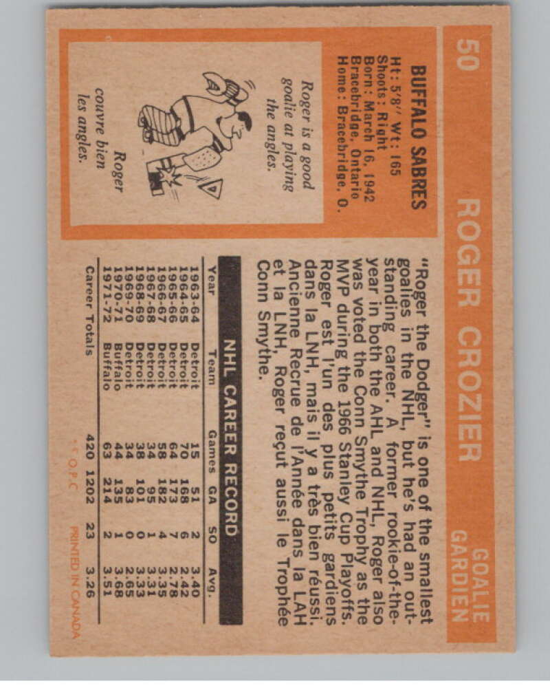 1972-73 O-Pee-Chee #50 Roger Crozier  Buffalo Sabres  V99374 Image 2