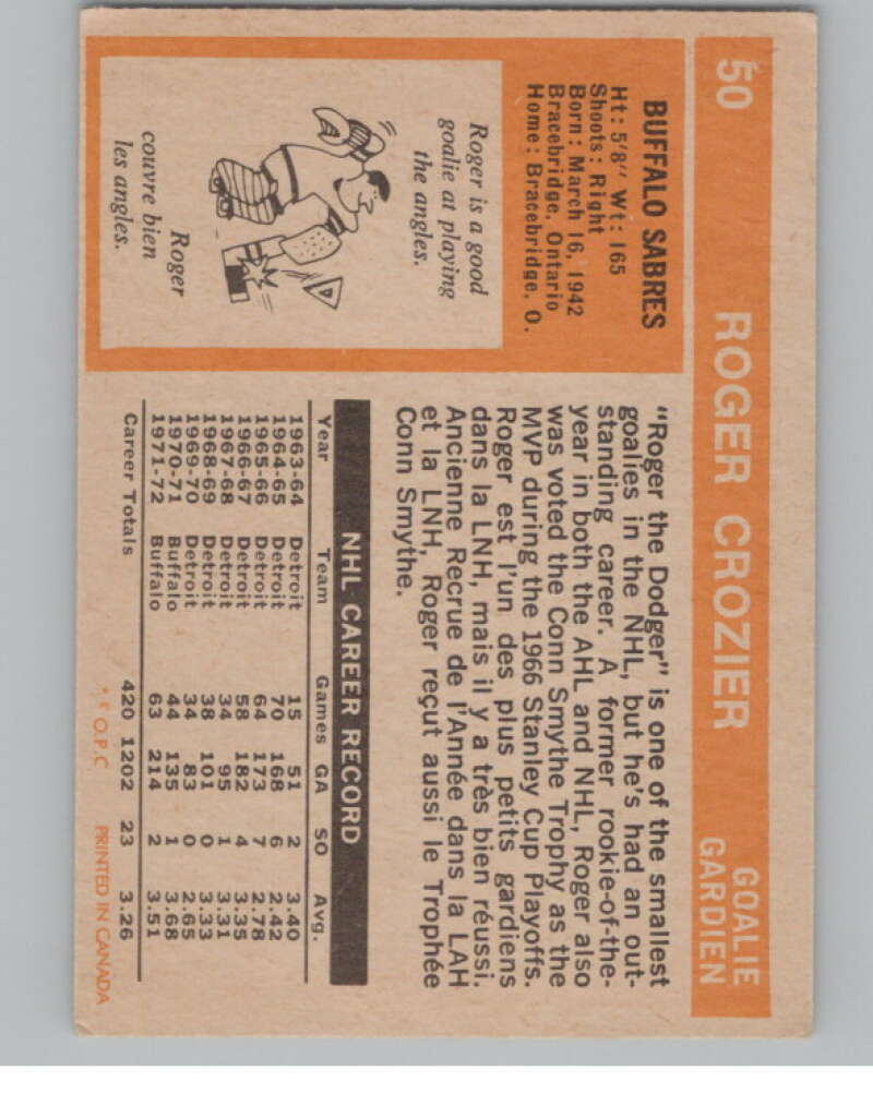 1972-73 O-Pee-Chee #50 Roger Crozier  Buffalo Sabres  V99376 Image 2