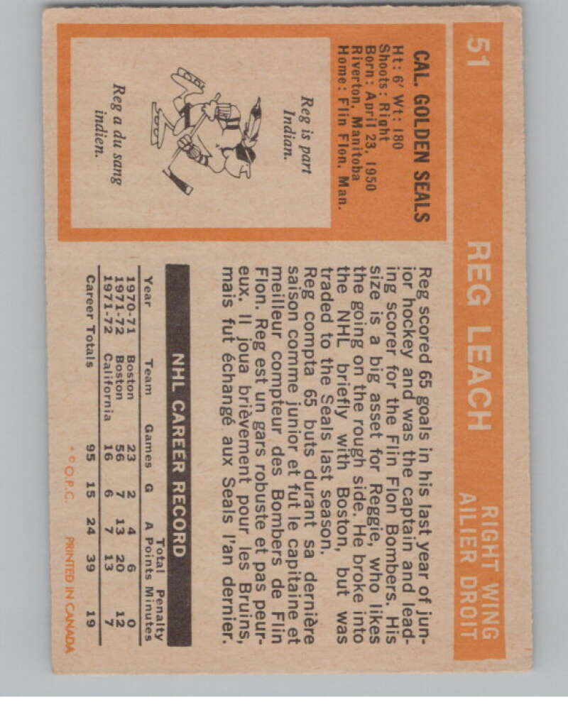 1972-73 O-Pee-Chee #51 Reggie Leach  California Golden Seals  V99377 Image 2