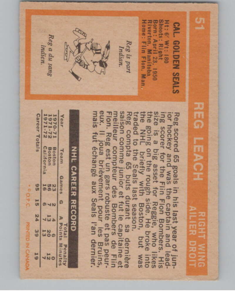 1972-73 O-Pee-Chee #51 Reggie Leach  California Golden Seals  V99378 Image 2