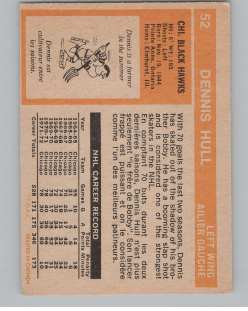 1972-73 O-Pee-Chee #52 Dennis Hull  Chicago Blackhawks  V99380 Image 2