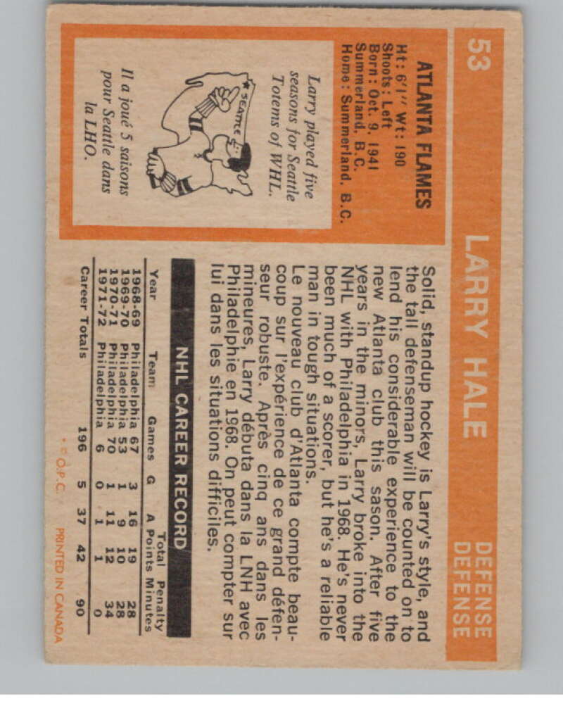 1972-73 O-Pee-Chee #53 Larry Hale  RC Rookie Atlanta Flames  V99381 Image 2