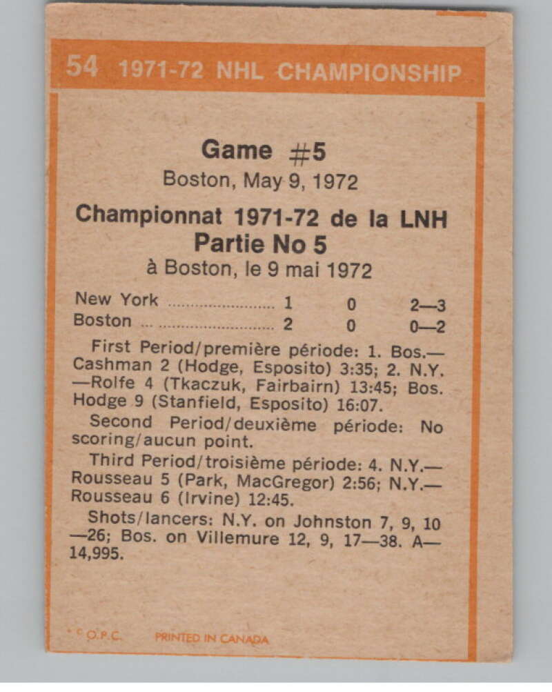 1972-73 O-Pee-Chee #54 Playoff Game 5  New York Rangers/Boston Bruins  V99384 Image 2