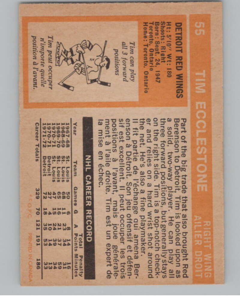 1972-73 O-Pee-Chee #55 Tim Ecclestone  Detroit Red Wings  V99385 Image 2