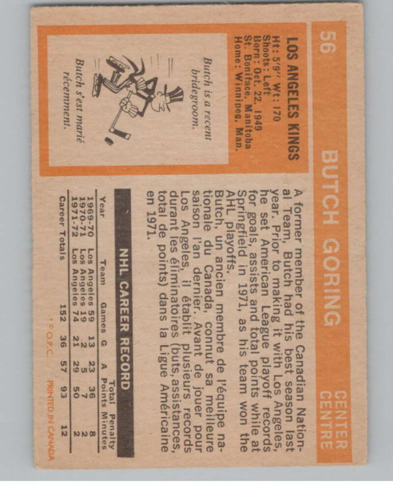 1972-73 O-Pee-Chee #56 Butch Goring  Los Angeles Kings  V99388 Image 2