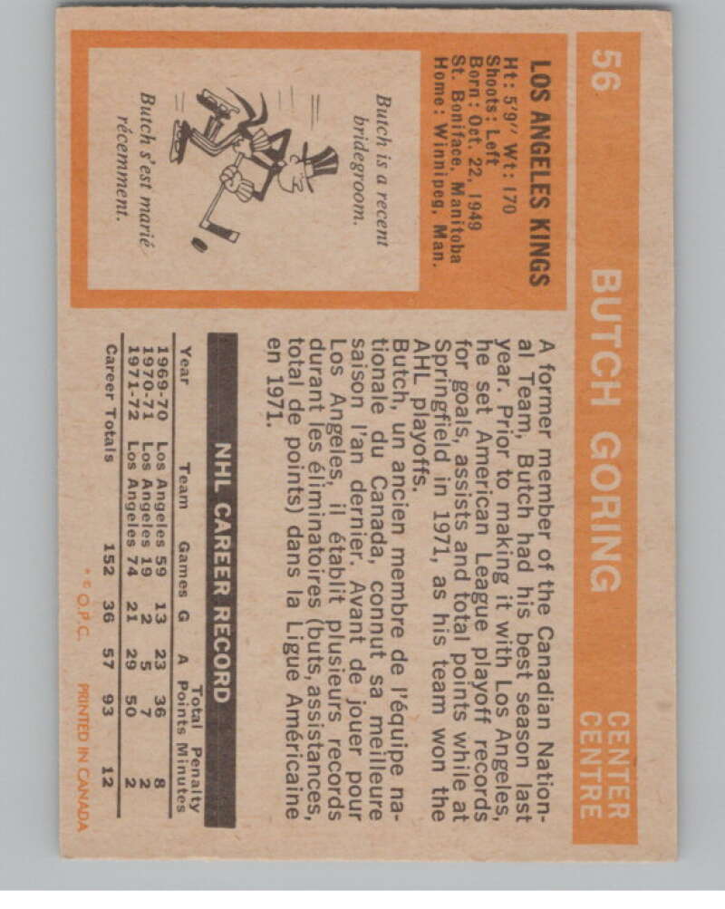 1972-73 O-Pee-Chee #56 Butch Goring  Los Angeles Kings  V99389 Image 2