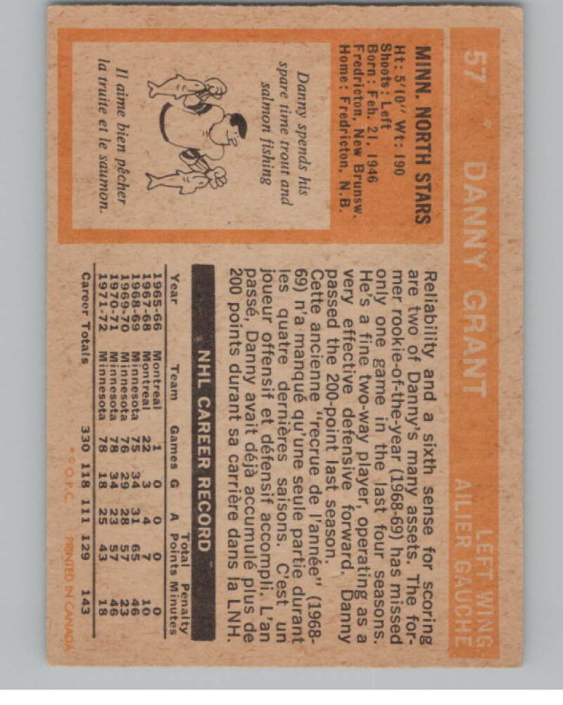 1972-73 O-Pee-Chee #57 Danny Grant  Minnesota North Stars  V99390 Image 2