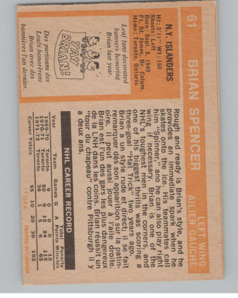1972-73 O-Pee-Chee #61 Brian Spencer  New York Islanders  V99395 Image 2