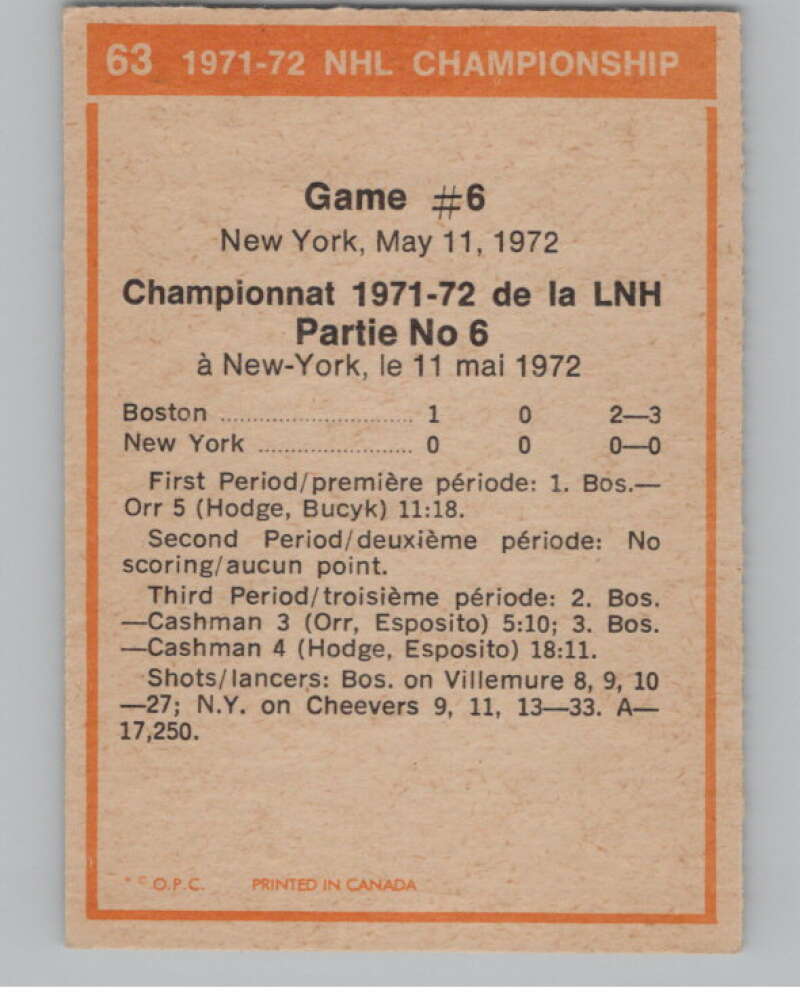1972-73 O-Pee-Chee #63 Playoff Games 6 Bruins/Rangers  V99397 Image 2