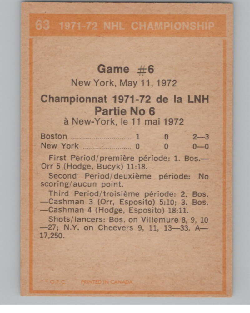 1972-73 O-Pee-Chee #63 Playoff Games 6 Bruins/Rangers  V99398 Image 2