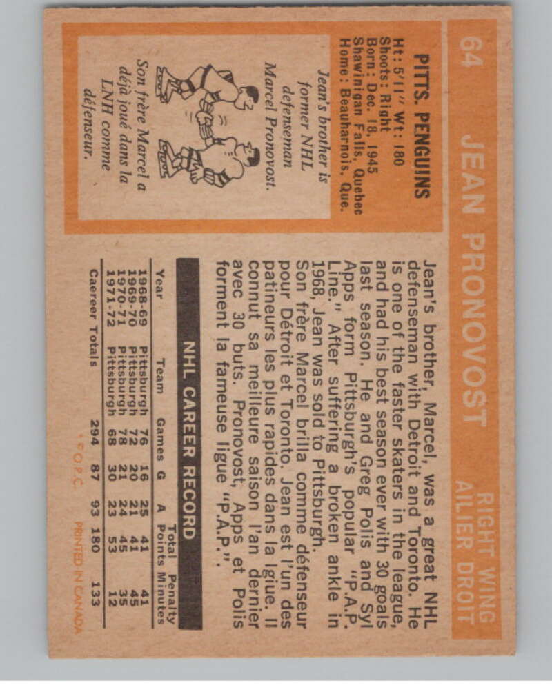 1972-73 O-Pee-Chee #64 Jean Pronovost  Pittsburgh Penguins  V99400 Image 2