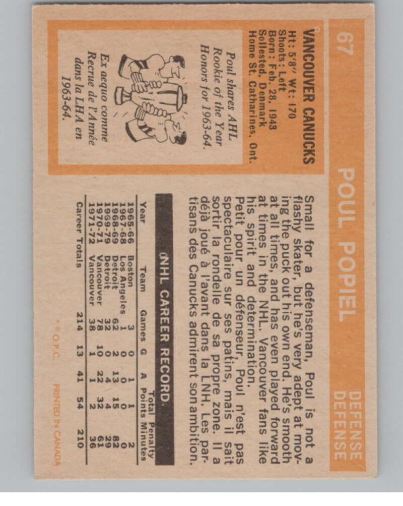 1972-73 O-Pee-Chee #67 Poul Popiel  Vancouver Canucks  V99403 Image 2