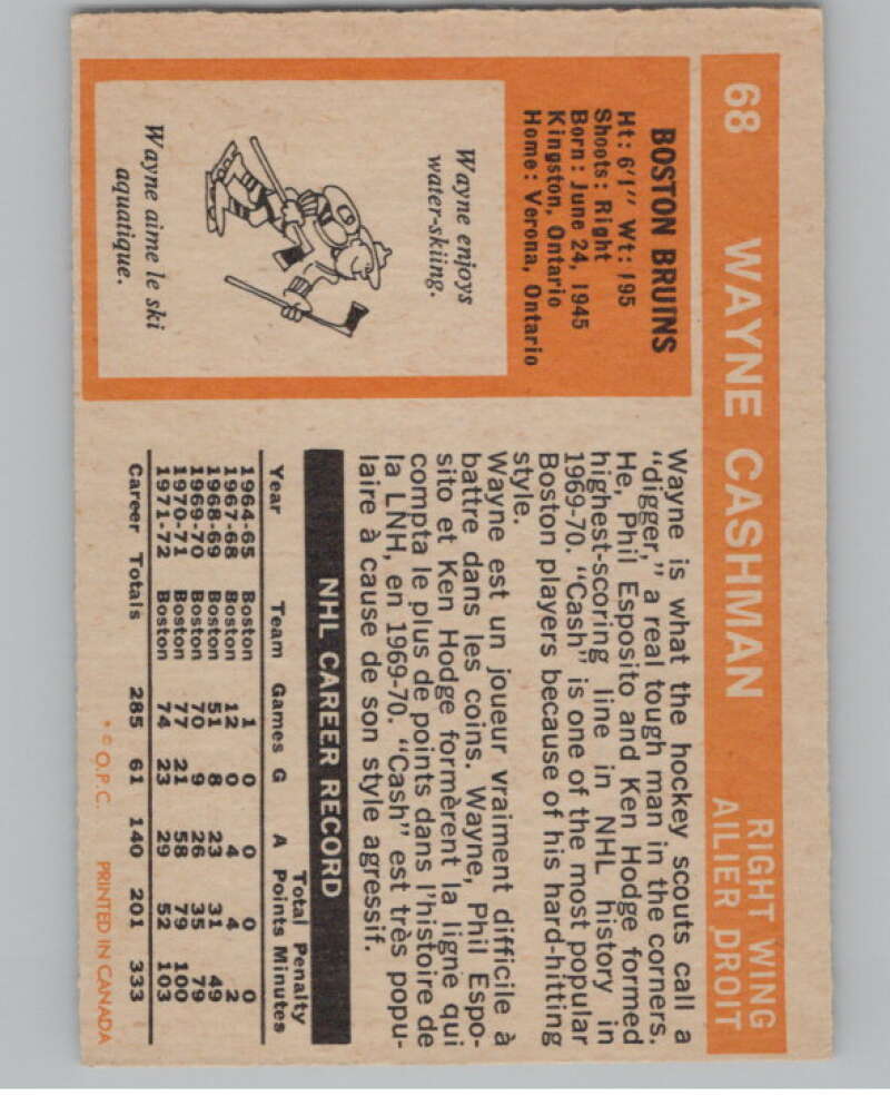 1972-73 O-Pee-Chee #68 Wayne Cashman  Boston Bruins  V99406 Image 2