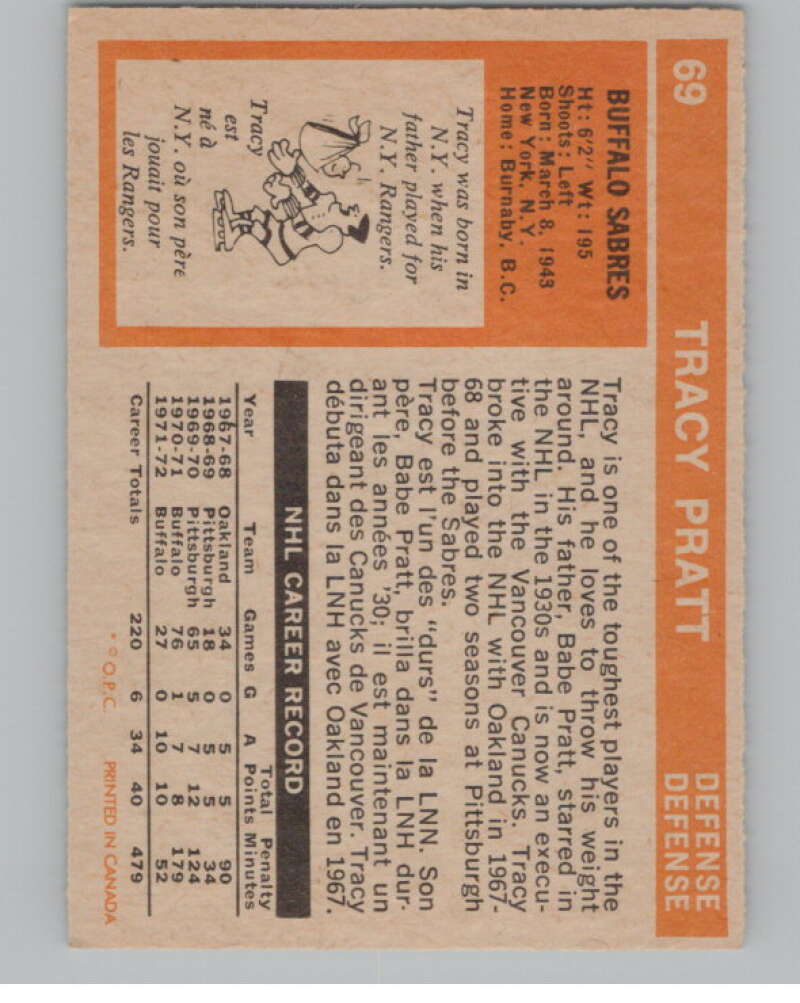 1972-73 O-Pee-Chee #69 Tracy Pratt  Buffalo Sabres  V99408 Image 2
