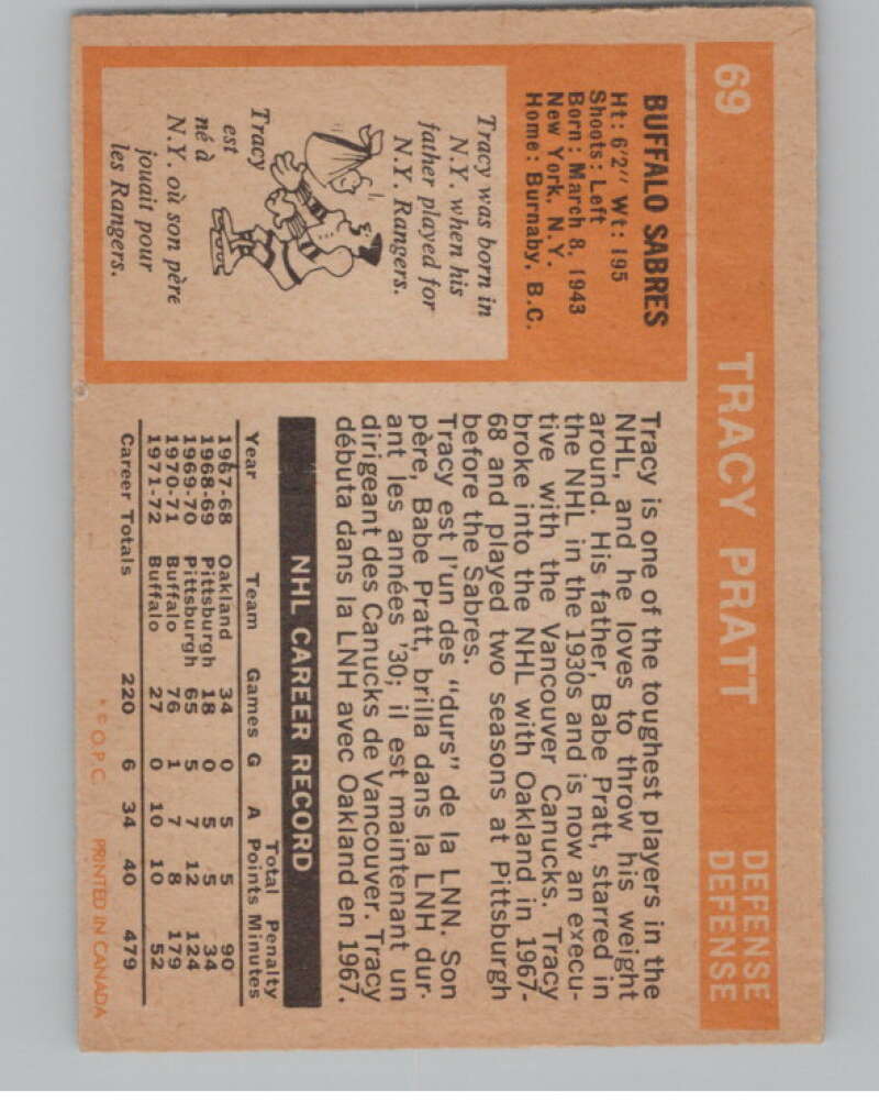 1972-73 O-Pee-Chee #69 Tracy Pratt  Buffalo Sabres  V99409 Image 2