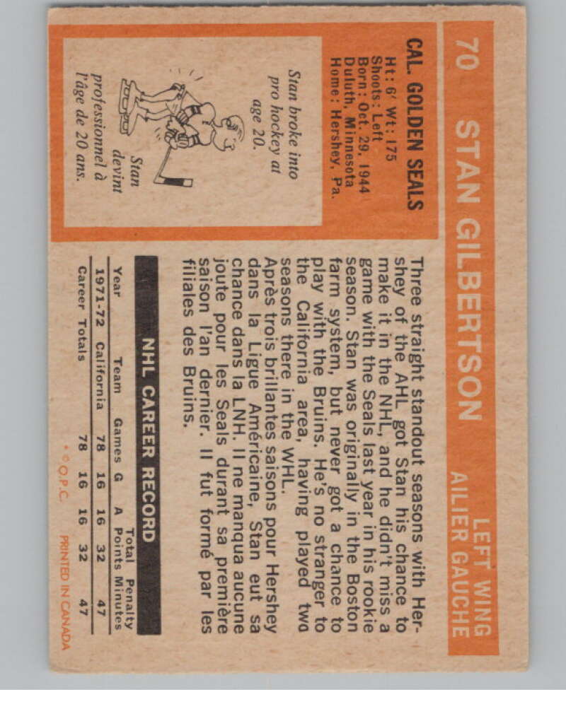 1972-73 O-Pee-Chee #70 Stan Gilbertson  California Golden Seals  V99410 Image 2