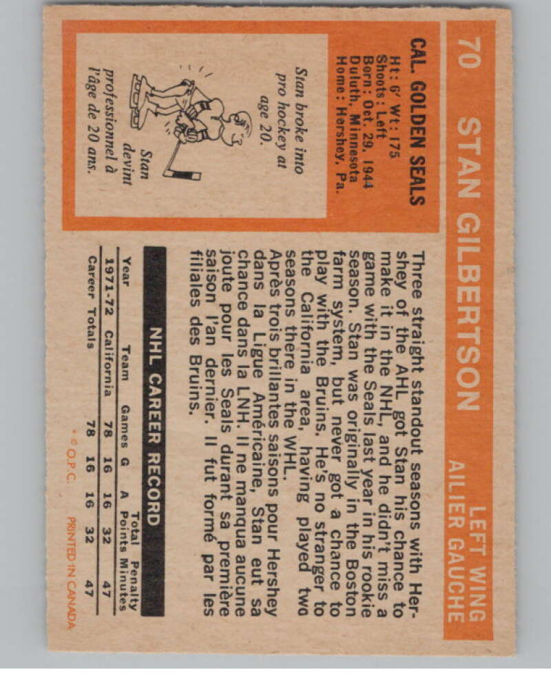 1972-73 O-Pee-Chee #70 Stan Gilbertson  California Golden Seals  V99412 Image 2