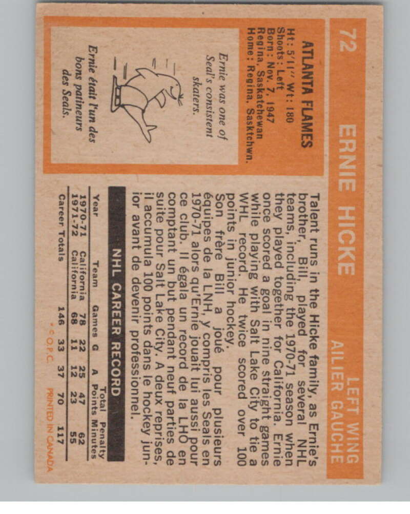 1972-73 O-Pee-Chee #72 Ernie Hicke  Atlanta Flames  V99413 Image 2