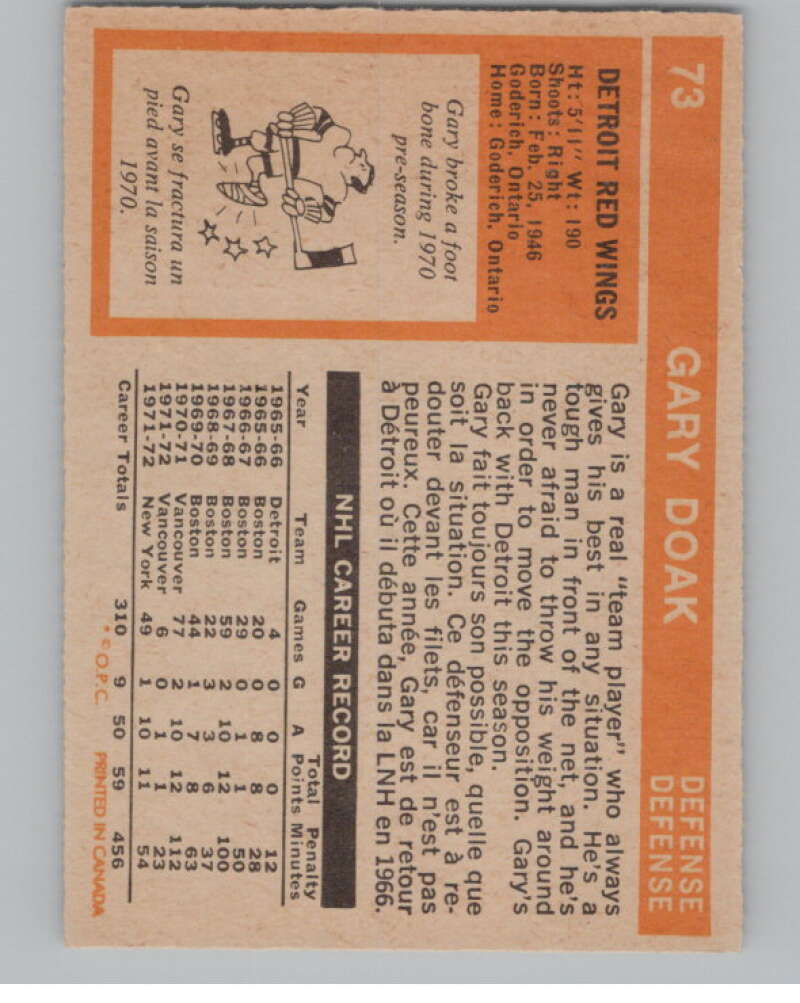 1972-73 O-Pee-Chee #73 Gary Doak  Detroit Red Wings  V99417 Image 2