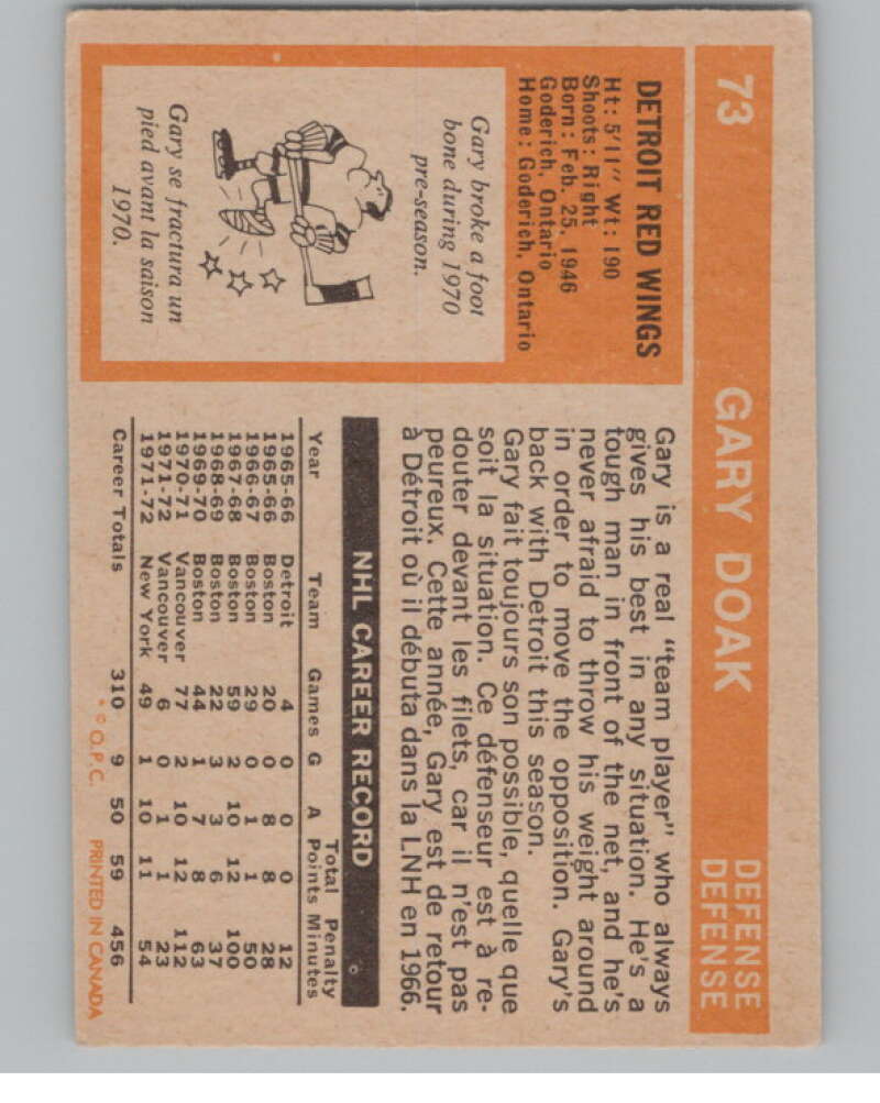 1972-73 O-Pee-Chee #73 Gary Doak  Detroit Red Wings  V99418 Image 2