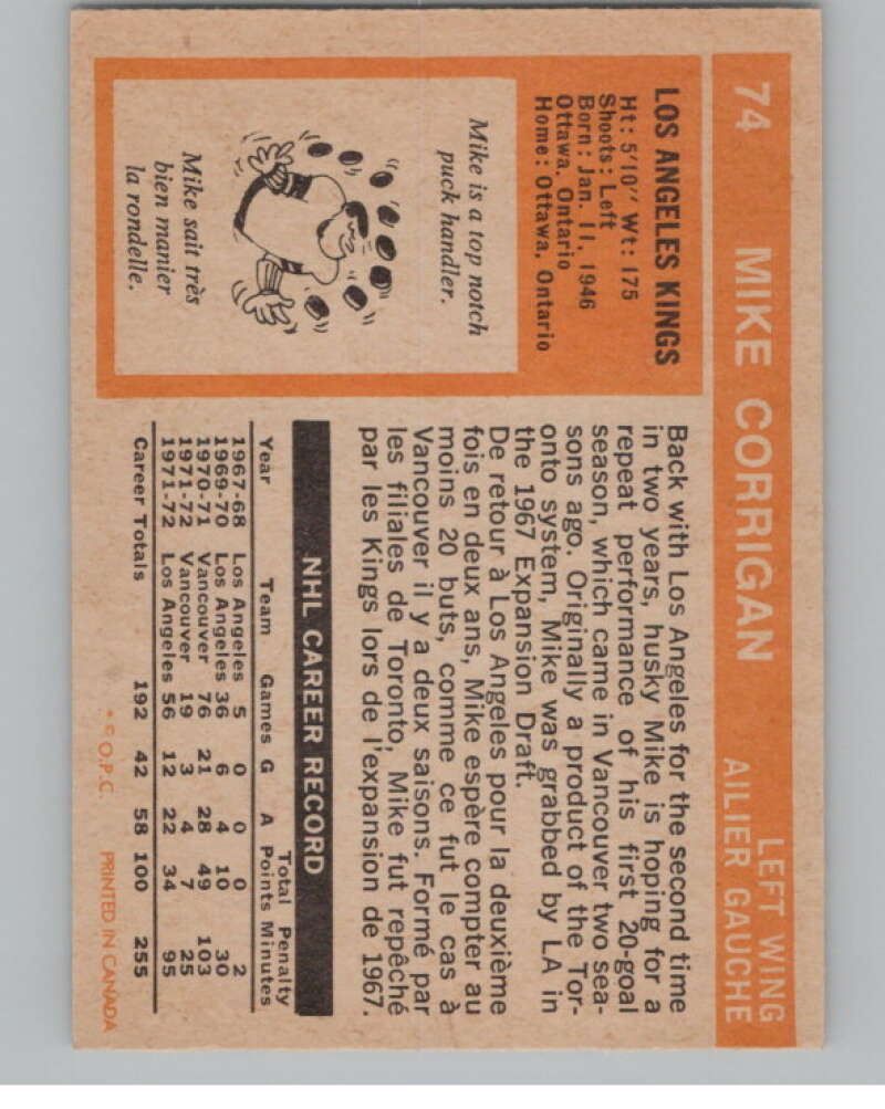 1972-73 O-Pee-Chee #74 Mike Corrigan  Los Angeles Kings  V99419 Image 2