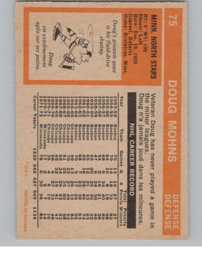 1972-73 O-Pee-Chee #75 Doug Mohns  Minnesota North Stars  V99421 Image 2