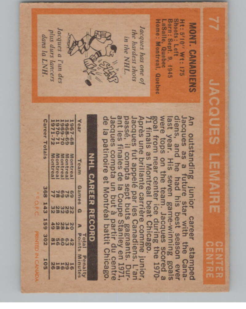1972-73 O-Pee-Chee #77 Jacques Lemaire  Montreal Canadiens  V99423 Image 2