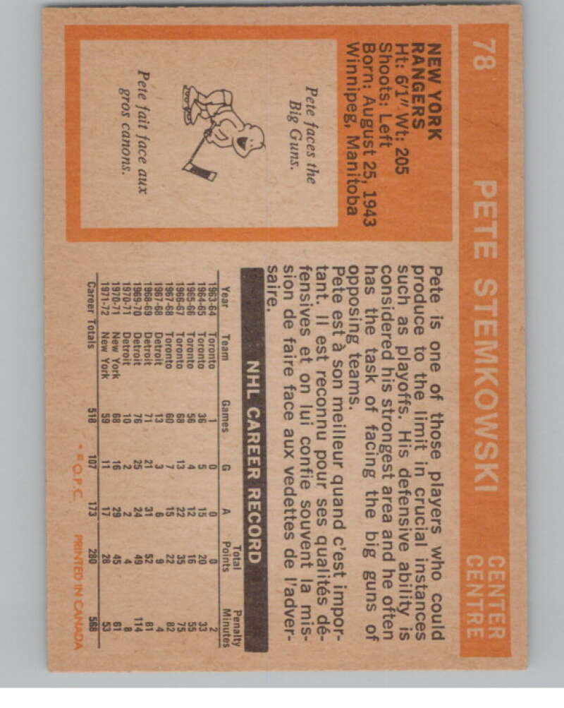 1972-73 O-Pee-Chee #78 Pete Stemkowski  New York Rangers  V99424 Image 2
