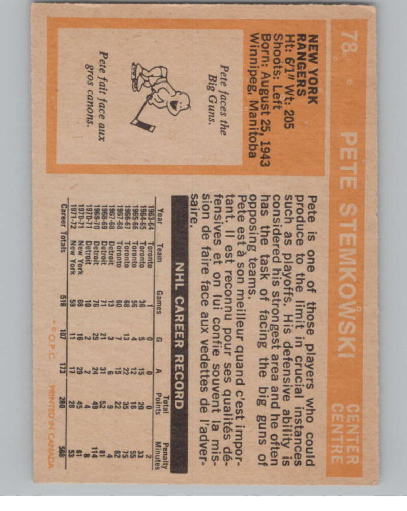 1972-73 O-Pee-Chee #78 Pete Stemkowski  New York Rangers  V99426 Image 2