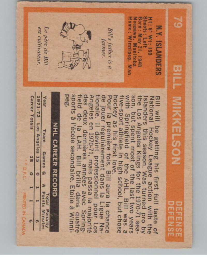 1972-73 O-Pee-Chee #79 Bill Mikkelson RC Rookie New York Islanders  V99427 Image 2